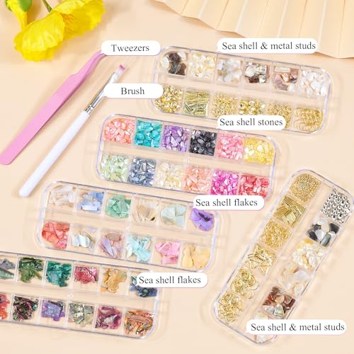 5 Boxes 3D Nail Art Crushed Sea Shell Irregular Iridescent Natural Abalone Seashell Slices Starfish Metal Sea Star Conch Moon Triangle Rivet Gems(sea Shell kit) - color: 2-sea shell kit