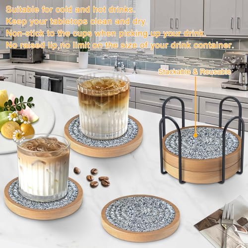 Wood Coasters for Drinks, Eykao Absorbent Coaster Sets of 5, Woven Drink Coasters for Coffee Table, Housewarming Gift for Farmhouse Home Decor,4 inches - color: Mixed Blue (With Holder)