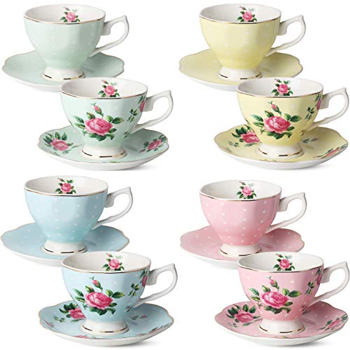 BTaT- Floral Tea Cups and Saucers, Set of 8, 8 oz - color: Multicolor, size: 8 Pack