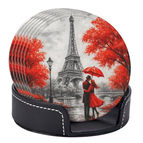 6 Pcs Leather Coasters for Drinks with Holder Red Eiffel Lovers Paris Coaster Sets Drink Table Cup Coasters for Kitchen Coffee Decor - color: Red Eiffel Tower Lovers