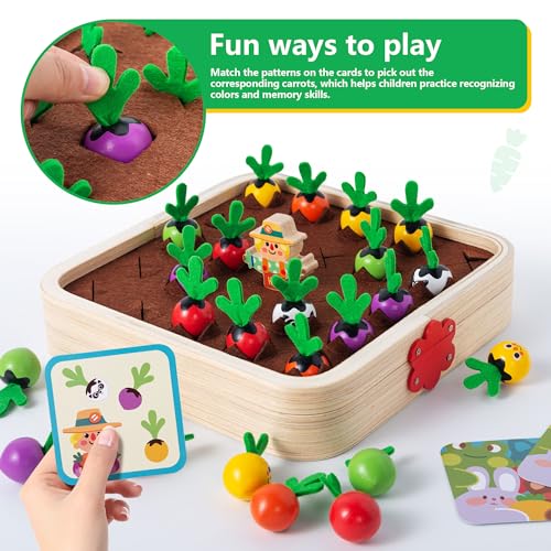 Montessori Kids Carrots Toy Carrot Harvest Game with 12 Challenge Cards Realistic Vegetables Storage Tray Educational Toys Shape Sorting Matching Puzzle Montessori Toys for Kids 3+