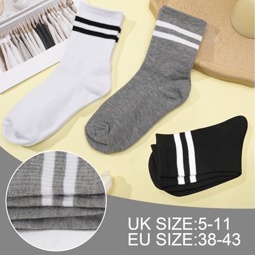 Womens White Crew Socks 6 Pair Striped Trim Casual Crew Socks - color: Black, White, Gray