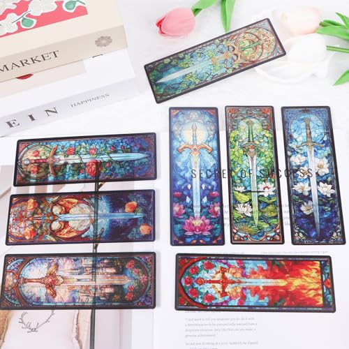 Sword Stained Glass Transparent Bookmark - Wxiben 10 Pcs Cool Sword Transparent PVC Bookmark Fantastic Floral Book Mark Page Clips Gifts for Women Men Book Lovers Teacher Student Bookish Readers - style: Sword Stained Glass