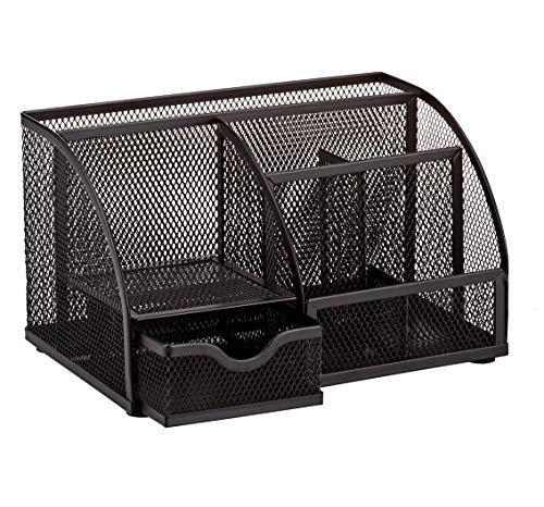 Annova Mesh Desk Organizer Office with 7 Compartments + Drawer/Desk Tidy Candy/Pen Holder/Multifunctional Organizer (Black) - color: Black