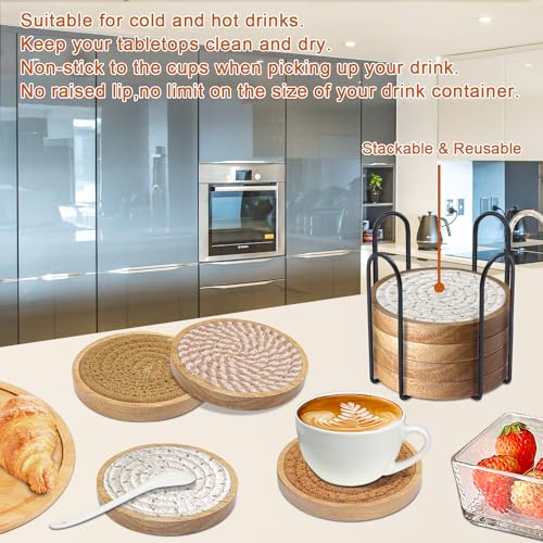 Eykao Coasters for Drinks Absorbent Sets of 8, Woven Coasters with Holder, Wood Coasters for Coffee Table, Housewarming Gift for Farmhouse Home Decor, 4 inches - color: Brown & Grey
