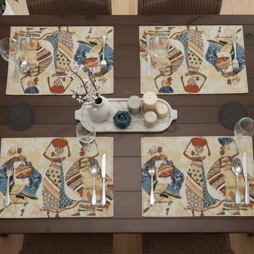 DaDa Bedding Dancing Women Tapestry Dining Table Placemats - Set of 4-Pieces Festive Celebrate Kwanzaa - Tribal African Tribal Culture - Decorative Cotton Linen Woven Kitchen Mats - 13” x 19” (18117) - color: Dancing Women