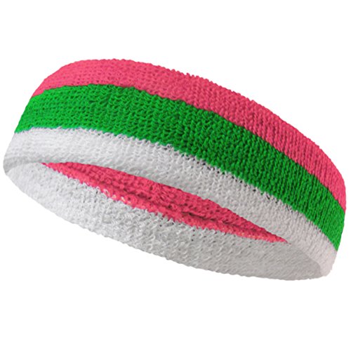 COUVER 3 Color Striped Sports Sweatband Set - color: Bright Pink/Bright Green/White