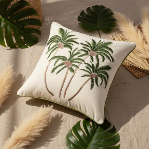 Embroidered Throw Pillow Covers 18x18 Pack of 2 Green Coconut Trees - color: Green Coconut Palm Trees