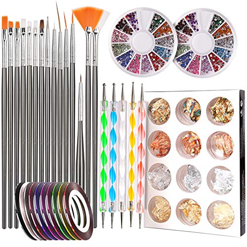 Teenitor Nail Pen Designer,Stamp Nail Art Tool with 15pcs Nail Painting Brushes, Nail Dotting Tool, Nail Foil, Manicure Tape, Color Rhinestones for Nails-Black