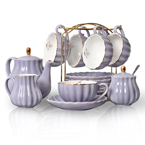 Porcelain Tea Sets British Royal Series, 8 OZ Cups& Saucer Service for 6, with Teapot Sugar Bowl Cream Pitcher Teaspoons and tea strainer for Tea/Coffee, Pukka Home(purple) - color: Purple