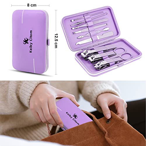 Manicure Set, Travel Mini Nail Clippers Kit Pedicure Care Tools, 10pcs Stainless Steel Grooming kit (Violet) - color: Purple