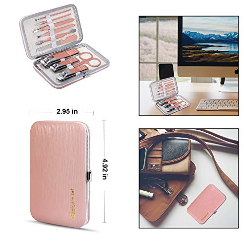 Manicure Set, Travel Mini Nail Clippers Kit Pedicure Care Tools, 10pcs Stainless Steel Grooming kit (Pink) - color: Pink