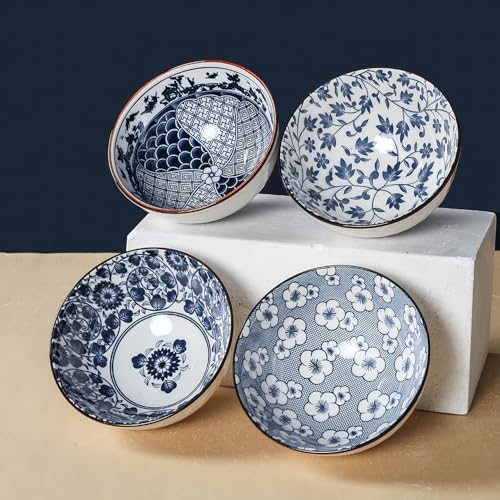 Ceramic Plates and Bowls Set, Japanese Style Dinnerware Set with Gift Box - Blue and White - 4 Rice Bowls and 2 Pasta Bowls - Kitchen Gifts for Women (Blue and White) - color: Japanese B (4 bowls+2 plates)