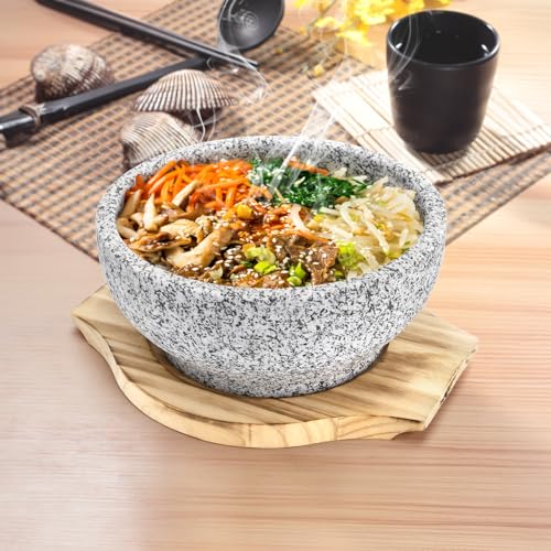 Dolsot Bibimbap Bowl with Wood Tray, 27 Oz Granite Stone Bowls - size: Medium