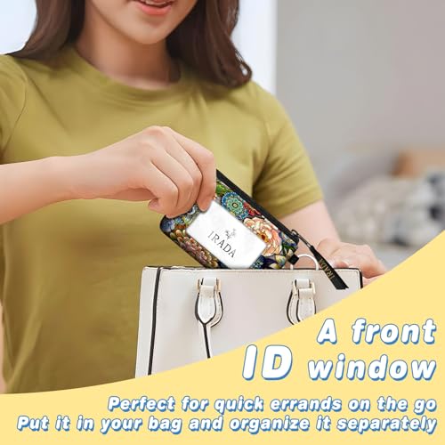 IRADA ID Case Wallet Keychain with Clear ID Window Zipper Cute Coin Purse for Women Water Resistant Small Coin Pouch-Boho Floral Keychain Wallet - color: Boho Floral-Keychain Wallet