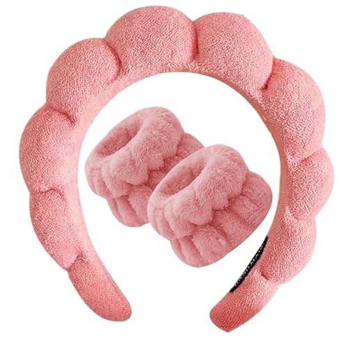 Beleki Spa Headband for Women Face Washing Headband and Wristband Set Sponge Headband Makeup Skincare Wash Face Headband Puffy Headwear Non Slip Hair Accessory for Women & Girls - color: Coral