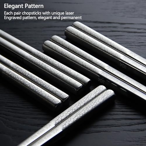 IQCWOOD 5 Pairs 18/10 Stainless Steel Chopsticks, 9.25 Inches - color: Grid Pattern