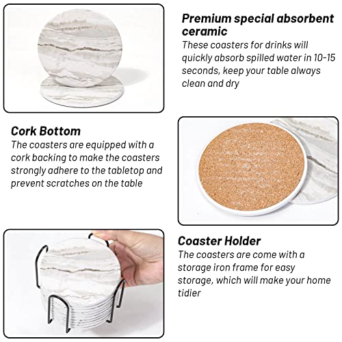 Caffox Coasters Set of 10, Absorbent Drink Coasters with Holder, Marble Style Ceramic Coaster for Wooden Table, Home Decor, 4 Inches(Griege)