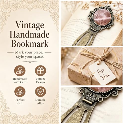 Vintage Rose Quartz Bookmark with Natural Crystal Stone - Fantasy Brass Metal Bookmarks for Reading Women, Men, Book Lovers, Girls and Teachers Book Marks(Rose Quartz) - color: Rose Quartz