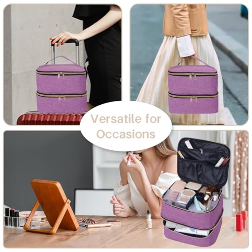 Double Layer Makeup Bag with Adjustable Dividers, Purple - color: Purple