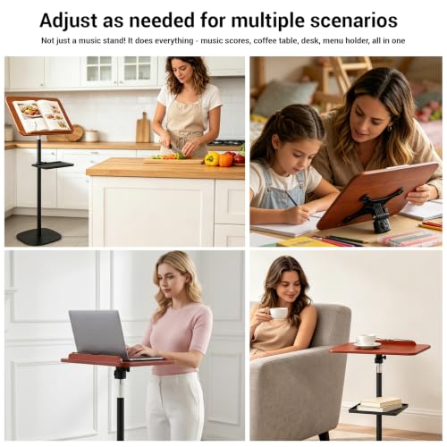 Adjustable Wood Music Stand, 2 in 1 Floor Book & Cookbook Stand with Tray