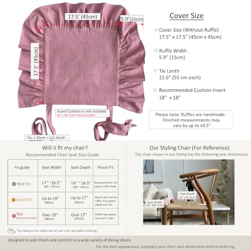 Korean Made Chair Pad Slipcover, 1 Cover, 17.5"x17.5" Chair Cushion Cover Ties with Ruffle Farmhouse Decor Covers Only, Gift for Mom (Indian Pink) Stocking Stuffer - color: Indian Pink