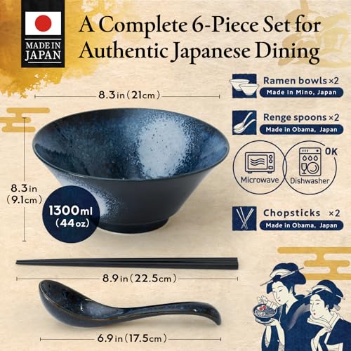 HIBINO Japanese Ramen Bowl Set of 2 | 44 oz Ceramic Ramen Bowls with Chopsticks & Spoons | Made in Japan Mino Ware | Microwave Safe Noodle & Soup Bowls | 6-Piece Dinnerware Set |「Kasumi Indigo」