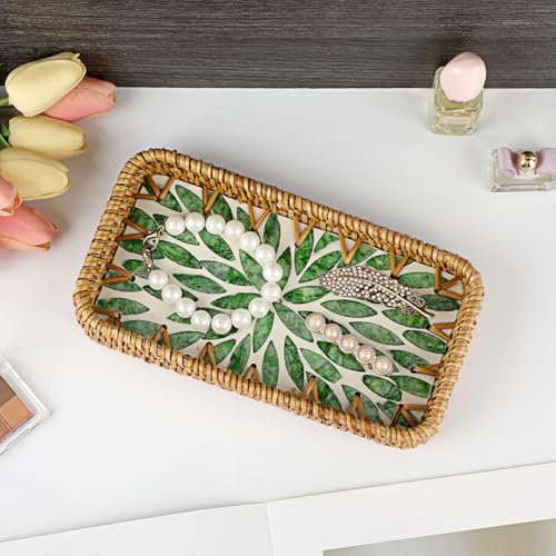 Key Basket Tray for Entryway Table,Woven Rattan Tray Rectangular - color: Green, size: 8.3" x 4.3" x 1.6"