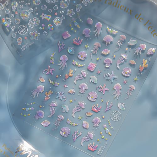 5D Embossed Under The Sea Stickers for Nail Art Jelly Fish Self-Adhesive Nail Art Decals for Women Nail Supplies Art Design Stickers (to5038) - style: to5038