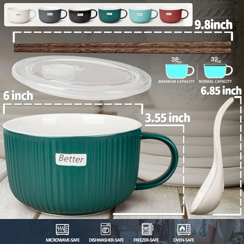 Artena 38 oz Soup Bowls with Handles, Lids, Spoons & Chopsticks – 6 Inch Large Microwave Safe Ceramic Ramen Bowls, Soup Mugs & Cereal Bowls for Instant Noodles, Oatmeal, Meal Prep (Green-Set of 2) - color: Green-Set of 2