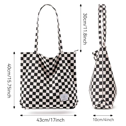 KALIDI Women Corduroy Tote Bag Zipper Casual Tote's Handbag Big Capacity Shoulder Bag with Pockets - color: Checkerboard Black