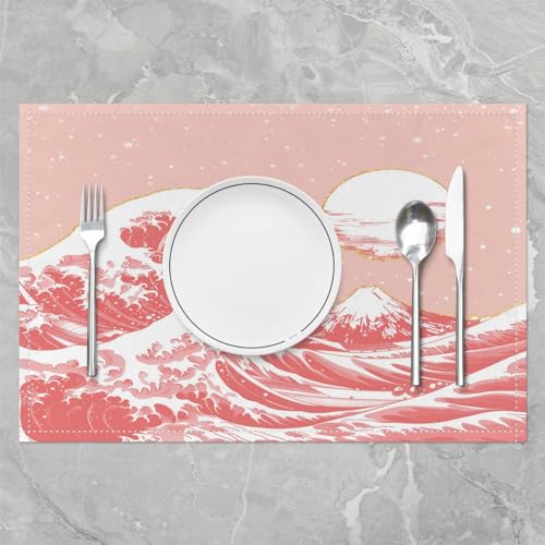 Feelyou Japanese Wave Placemats Set of 4 Ocean Wave Placemats for Kitchen Dining Table 18"x12" Ukiyoe Theme Home Decor Table Place Mats Pink Indoor/Outdoor Decor - color: Light Pink