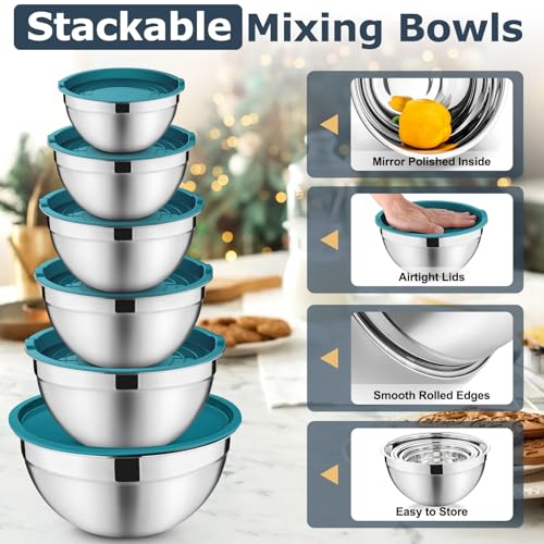 P&P CHEF Mixing Bowls with Lids Set of 6, Nesting Salad Bowl, Blue - color: Blue