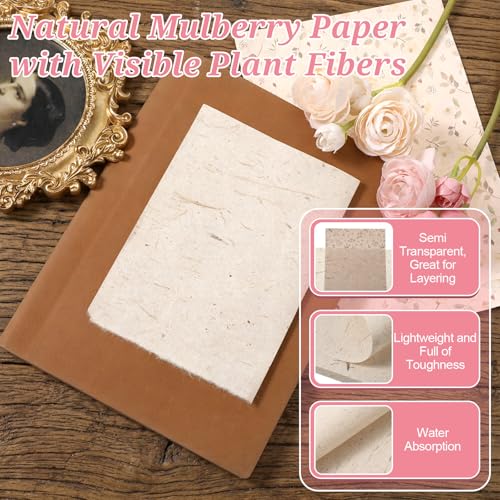 50 Sheets A4 Mulberry Paper Visible Leaves Fiber Rice Paper Printable Mulberry Rice Papers for Decoupage Drawing Writing Card Making DIY Crafts (Translucent, 11.8 x 8.3 in)