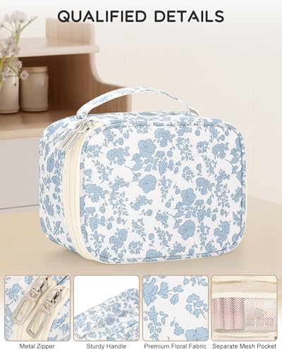 Relavel Travel Makeup Bag, Mini Floral Cosmetic Bag with 2 Layers - color: 01-Blue, size: Small
