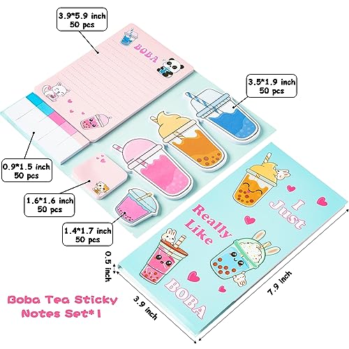 Xqumoi I Just Really Like Boba Sticky Notes Set, 550 Sheets, Cute Bubble Tea Self-Stick Notes Pads Milk Tea Theme Divider Tabs Bundle Writing Memo Pads Back to School Office Supplies Small Gift - color: 1pack-boba Tea