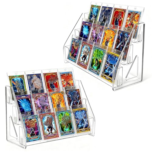 2 Pack 3-Tier Greeting Card Display Stand – Clear Vertical Riser Shelf Rack Holder for Trading Baseball Basketball Sports Graded Game Cards