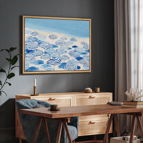 SIGNFORD Framed Canvas Print Wall Art Coastal Blue Umbrella Beach Scene Watercolor Seaside Summer Illustrations Modern Art Decorative Boho Relax/Zen for Living Room, Bedroom, Office - 16x24 Natural - color: B08-2508-M19, size: 24"L x 16"W