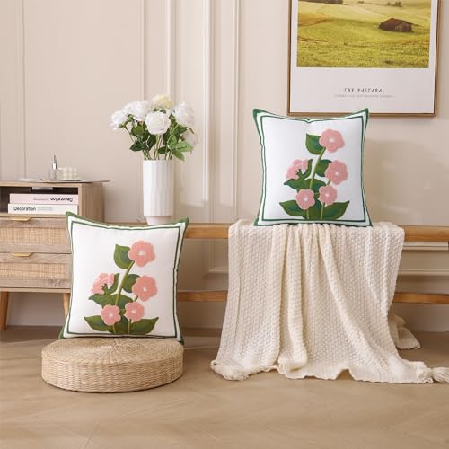 LUOYEHK Embroidered Throw Pillow Covers 18x18 Inch Set of 2 Pink Flower with Green Leaves Decorative Pillow Cases Spring Farmhouse Floral Cushion Covers for Couch Sofa Bed Living Room - color: Pink Flower With Green Leaves