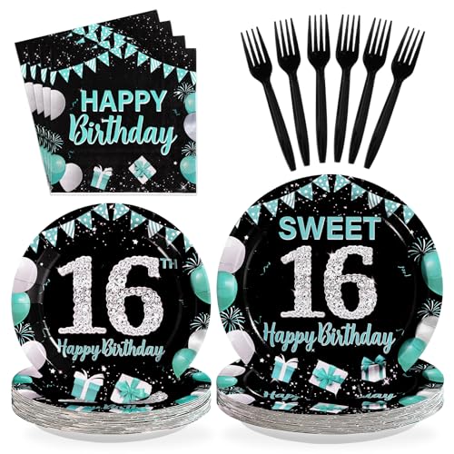 96Pcs 16th Birthday Party Supplies Teal Blue and Black Serves 24 - style: Peacock Blue Black 16th Birthday