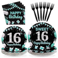 96Pcs 16th Birthday Party Supplies Teal Blue and Black Serves 24 - style: Peacock Blue Black 16th Birthday