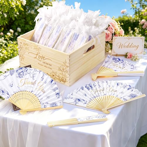 Aneco 100 Pieces Wedding Foldable Hand Fans Floral Handheld Paper Fans with Organza Bags and Storage Basket Folding Fans for Wedding Guests Bridal Shower Bridesmaid Gifts - color: Blue Floral