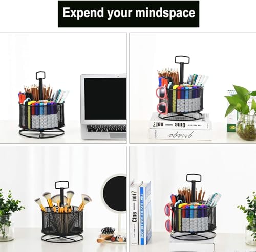 Marbrasse Mesh Desk Organizer, 360-Degree Rotating Multi-Functional Pen Holder, 4 Compartments Desktop Stationary Organizer, Home Office Art Supply Storage Box Caddy (Black) - color: Black