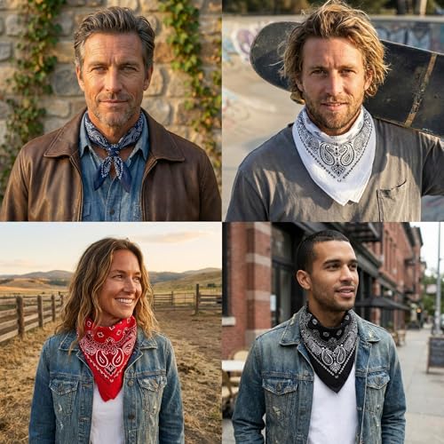 The Peacock Crew Premium Soft Cotton Bandanas Pack for Men and Women Paisley 22 x 22 inches - color: Pack of 4 Black White Red Navy