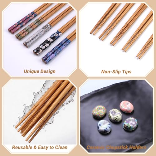 Antner 5 Pairs Reusable Bamboo Chopsticks Set with Ceramic Chopstick Rests, 8.8 Inch Japanese Style Chop Sticks with Holders for Sushi Ramen Asian Cuisine Lovers Gift Set, Black Elegant Packaging - color: Colorful Bloom Floral Chopsticks Set