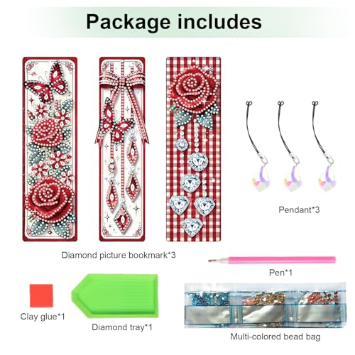 Tontut 3pcs Diamond Art Painting Kit Bookmark, Bow Rose Exquisite General DIY Bookmark, Lightweight and Durable, Suitable for Reading Lovers - color: bow tie