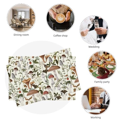 Boho Beige Wild Mushroom Print Placemats Set of 6 12x18 Inch - color: Beige, size: Set of 6