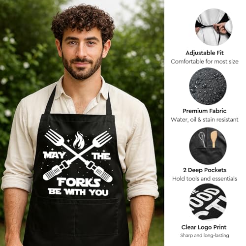 Funny Black Grill Apron with Pockets for Man,Dad,Husband,Father in Law,Chef Daddy Grilling Apron BBQ Cooking Gifts - color: May the Fork Be With You -2