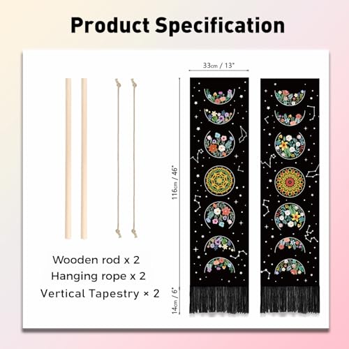 PLIGREAT 2 Pack Floral Moon Tapestry with Tassels, 52" x 13" Moon Phase Aesthetic Wall Hanging Vertical Home Art Tapestry for Bedroom Living Room Bathroom Long Narrow Wall Hanging Art Decor - color: black,green