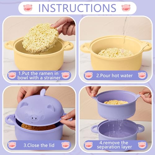 2 Set Large 45oz Cute Pig Ramen Bowl Set Microwavable Yellow, Purple - color: Yellow,Purple